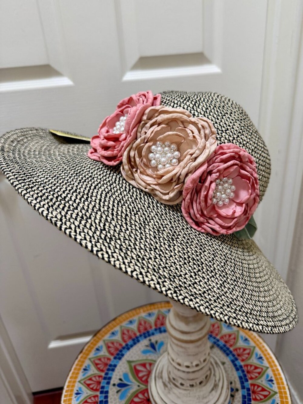 Elegant Women's Tweed Sun Hat With Satin Flowers And Pearls Wedding Tea Party
